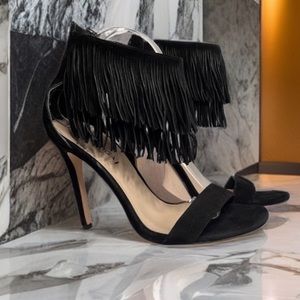 VIA SPIGA • Black Suede Leather Fringe Ankle Strap Stiletto 9